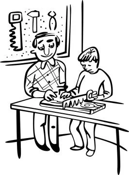 Technical activity at school. The teacher and the boy are cutting wood Stock Illustration