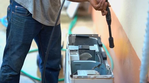 Technical air condition checking and cleaning on hot season  Stock Footage 106854256