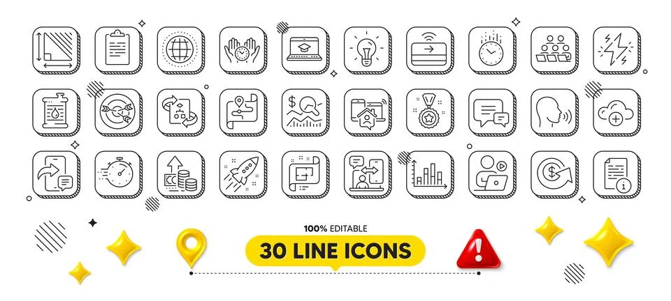 Technical algorithm, Cloud computing and Startup rocket line icons pack. For web Stock Illustration