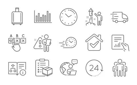 Technical algorithm, Group and 24 hours icons set. Time, Bar diagram and Parcel Stock Illustration
