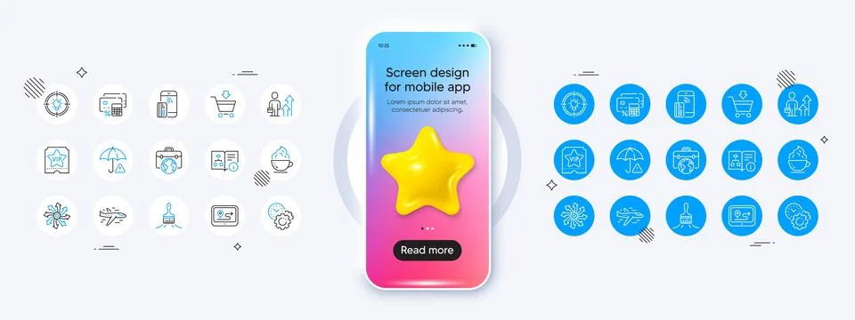 Technical algorithm, Time management and Coffee cup line icons. For web app Illustrazione stock