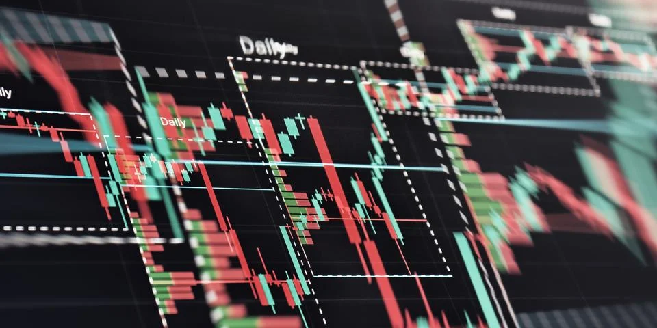 Technical analysis chart with candlestick patterns Stock Photos