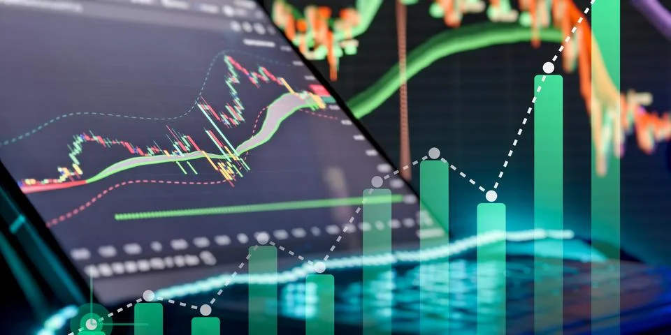 Technical analysis of cryptocurrency trading showing upward trend and glowing Stock Photos
