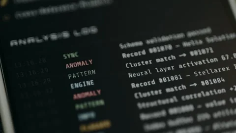 Technical analysis log showing system data synchronization and anomaly detection 스톡 동영상 332467600