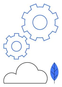 Technical and environmental concepts with gears, cloud, and leaf Illustrazione stock