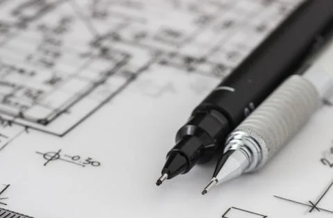 Technical and mechanical pen on a technical drawing Foto stock