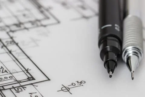 Technical and mechanical pen on a technical drawing Foto stock