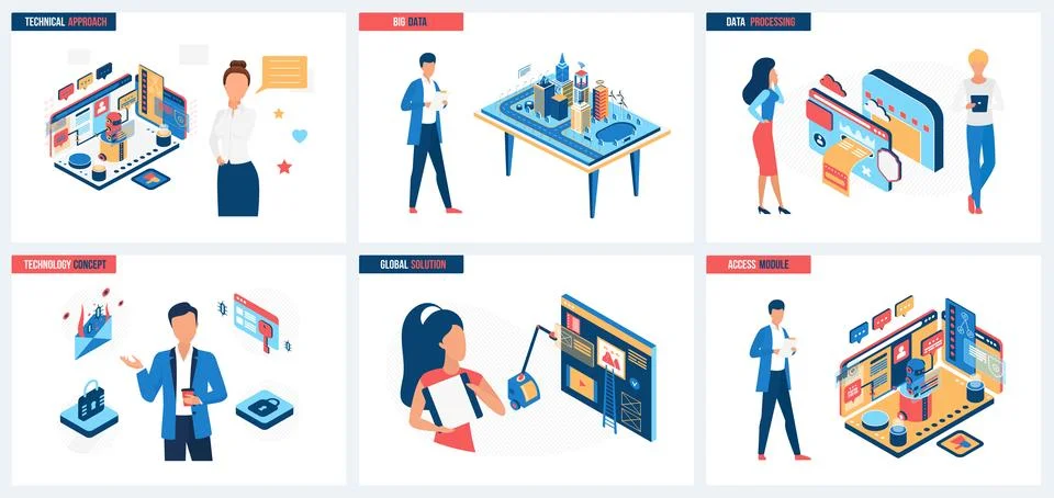 Technical approach to big data processing, global solutions, technology and tiny Stock Illustration