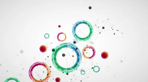 Technical background with plexus effect and made of techno circles. Stock Illustration