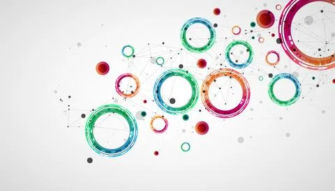 Technical background with plexus effect and made of techno circles. Stock Illustration