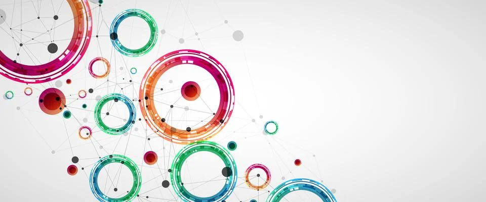 Technical background with plexus effect and made of techno circles. Stock Illustration