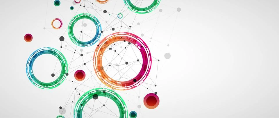 Technical background with plexus effect and made of techno circles. Illustrazione stock