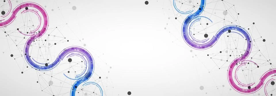 Technical background with plexus effect and wave made of techno circles. Stock Illustration