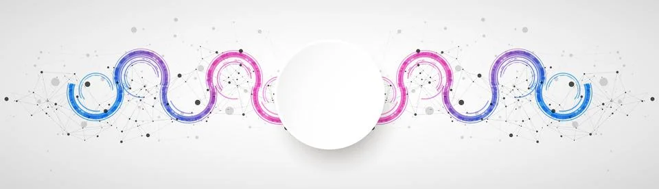 Technical background with plexus effect and wave made of techno circles. Stock Illustration