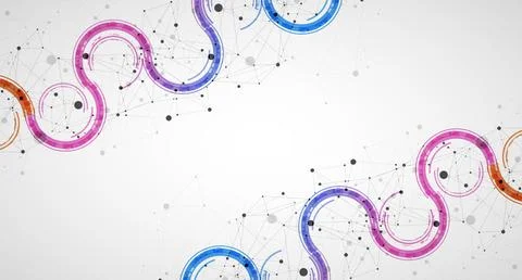 Technical background with plexus effect and wave made of techno circles. Stock Illustration