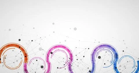 Technical background with plexus effect and wave made of techno circles. Stock Illustration