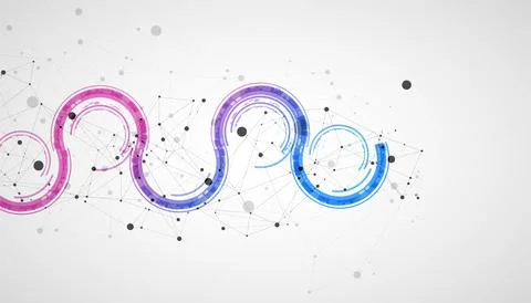 Technical background with plexus effect and wave made of techno circles. Stock Illustration