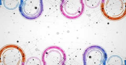 Technical background with plexus effect and wave made of techno circles. Stock Illustration