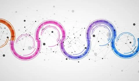 Technical background with plexus effect and wave made of techno circles. Illustrazione stock