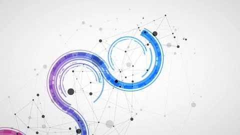 Technical background with plexus effect and wave made of techno circles. Illustrazione stock