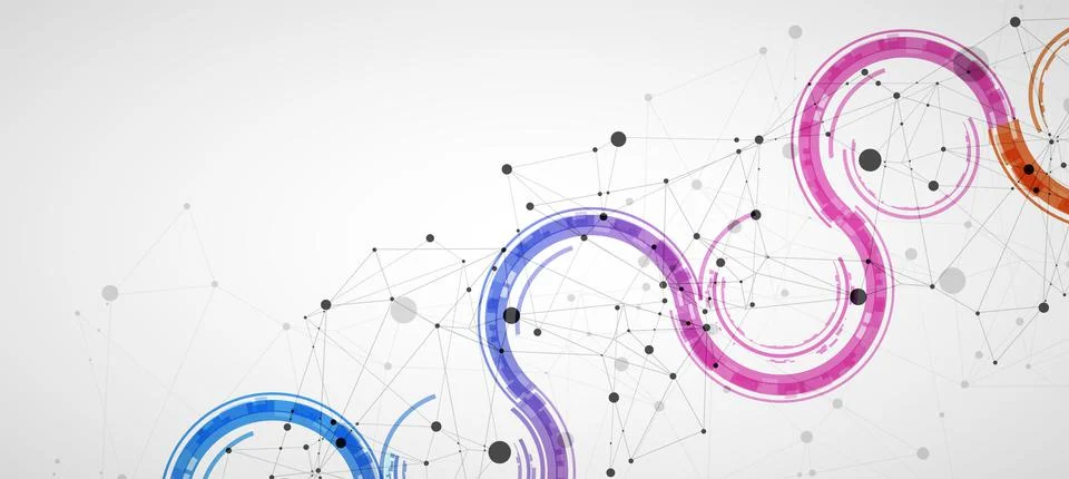 Technical background with plexus effect and wave made of techno circles. Illustrazione stock