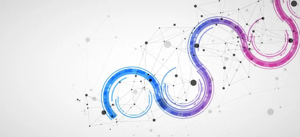 Technical background with plexus effect and wave made of techno circles. Illustrazione stock