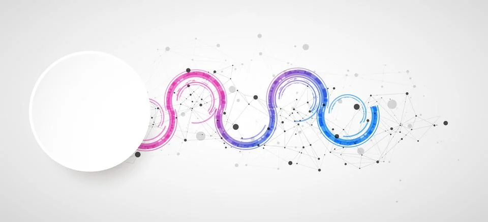 Technical background with plexus effect and wave made of techno circles. Stock Illustration