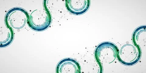 Technical background with plexus effect and wave made of techno circles. Stock Illustration