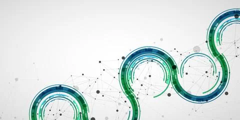 Technical background with plexus effect and wave made of techno circles. Stock Illustration