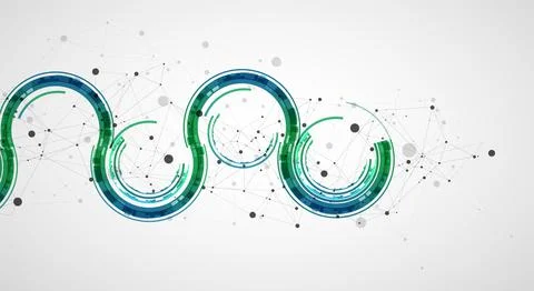 Technical background with plexus effect and wave made of techno circles. Stock Illustration