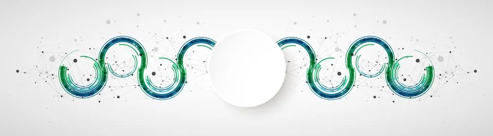 Technical background with plexus effect and wave made of techno circles. Illustrazione stock