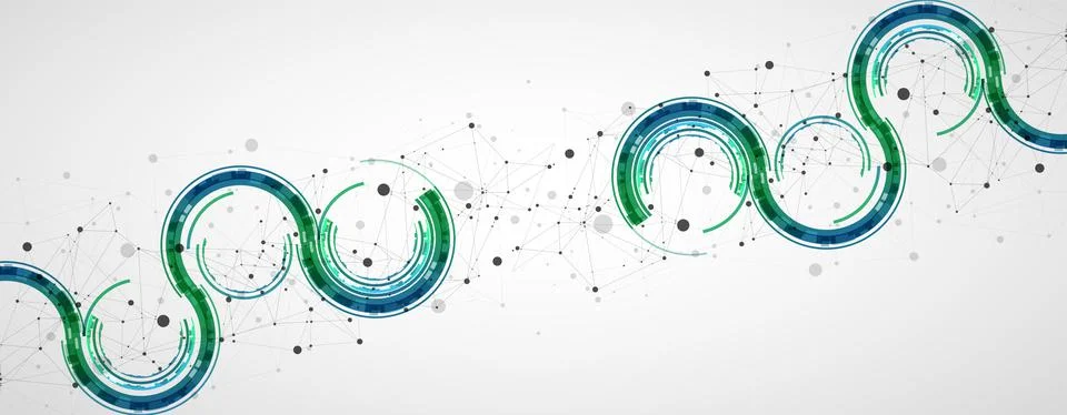 Technical background with plexus effect and wave made of techno circles. Stock Illustration