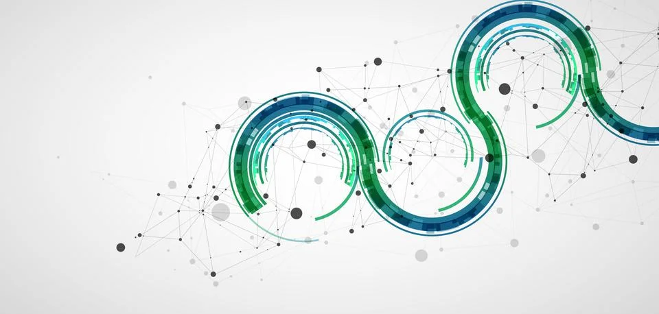 Technical background with plexus effect and wave made of techno circles. Illustrazione stock