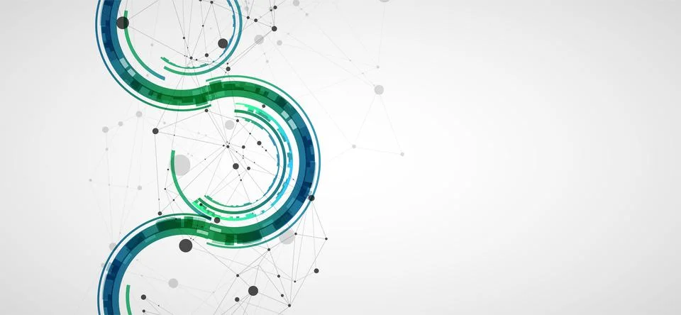 Technical background with plexus effect and wave made of techno circles. Stock Illustration