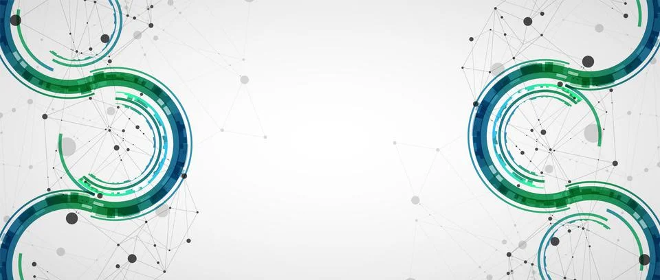 Technical background with plexus effect and wave made of techno circles. Illustrazione stock