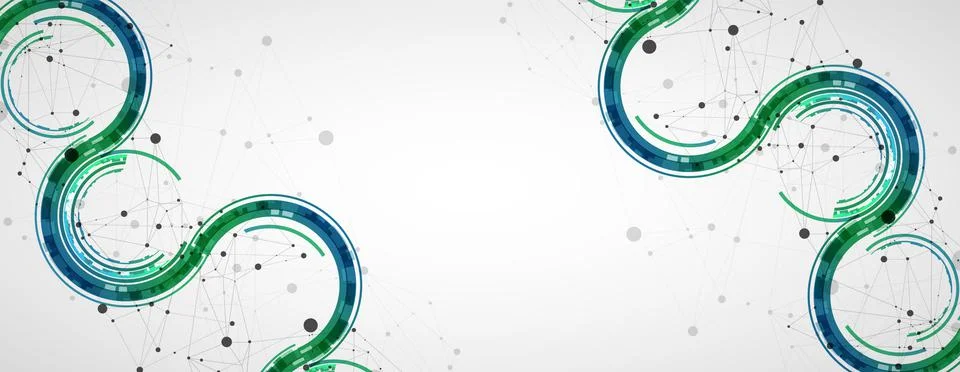 Technical background with plexus effect and wave made of techno circles. 스톡 일러스트