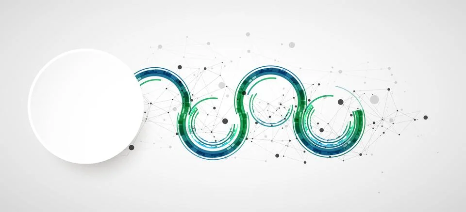 Technical background with plexus effect and wave made of techno circles. Stock Illustration