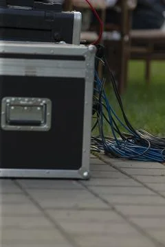 Technical backstage area displaying sound signal routing and connections Stock Photos