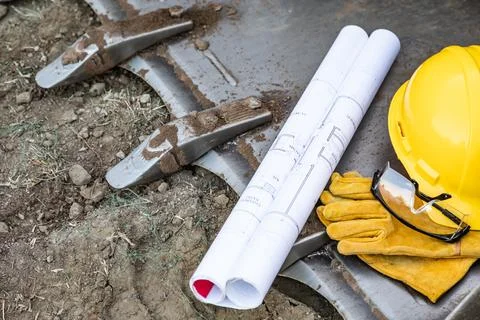 Technical Blueprints, Hardhat, Gloves and Protective Glasses Resting on Bul.. Stock Photos
