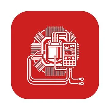 Technical computer hardware icon with circuits and display on red background. Ilustração Stock