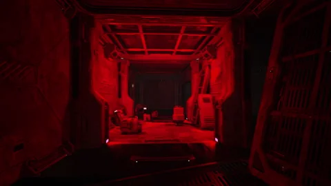 Technical corridor of a spaceship. Red futuristic planetary base after disaster Video stock 277230154