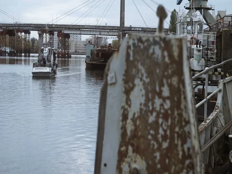 Technical crew vessel enters the harbour Stock Footage 71865929