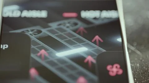 Technical data center floor plan shows red warm-air arrows Stock Photos