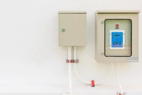 Technical display on control panel with electrical equipment devices cabinet Stock Photos