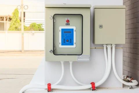 Technical display on control panel with electrical equipment devices cabinet Stock Photos