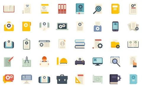 Technical document icons set flat vector. Building manual Stock Illustration