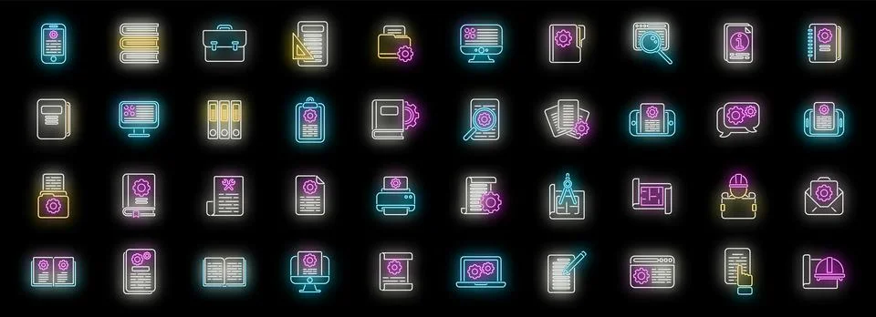 Technical document icons set vector neon Stock Illustration