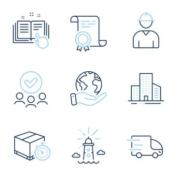 Technical documentation, Lighthouse and Buildings icons set. Engineer, Delivery Stock-Illustration