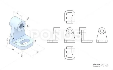 Technical drawing of a 3D model with a perspective and orthogonal