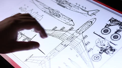 Technical drawing of airplane on touch screen computer Stock Footage